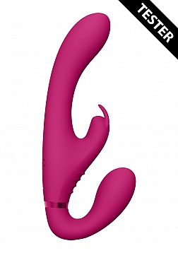 VIVE-SATU Rechargeable Vibrating Triple Motor Silicone Rabbit Strapless Strapon - Pink..