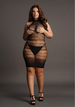 High Lace Neck Net Mini Dress - Plus Size