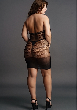 High Lace Neck Net Mini Dress - Plus Size