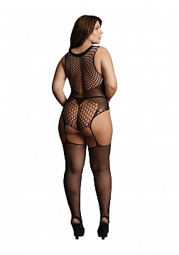 Contrast Fence Net Suspender Bodystocking - Plus Size