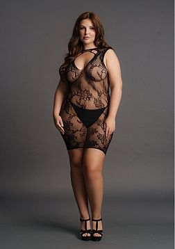 High Neck Lace Mini Dress - Plus Size