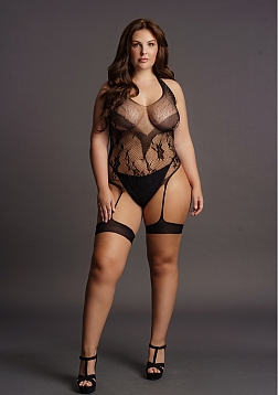 Crotchless Rhinestone Halter Teddy - Plus Size