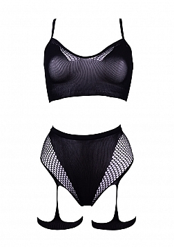 2PC Bra set with garters - Black - O/S