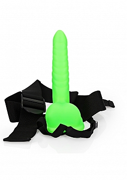 Glow in the Dark Ribbed Hollow Strap-On with Balls - 8\