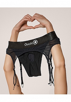Ouch! Vibrating Strap-on Thong with Adjustable Garters - Black - M/L
