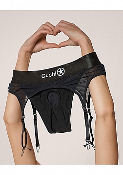 Ouch! Vibrating Strap-on Thong with Adjustable Garters - Black - XL/XXL