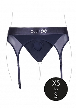 Ouch! Vibrating Strap-on Thong with Adjustable Garters - Black - XS/S