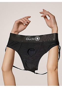 Ouch! Vibrating Strap-on Thong with Removable Butt Straps - Black - M/L