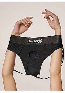 Ouch! Vibrating Strap-on Thong with Removable Butt Straps - Black - XS/S