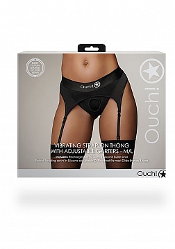 Ouch! Vibrating Strap-on Thong with Adjustable Garters - Black - M/L