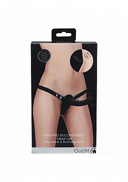 Ouch! - Vibrating - Rechrgeable - 10 Speed Silicone Ribbed Strap-On - Adjustable - Black