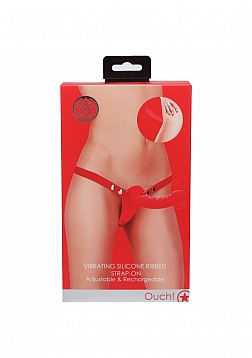 Ouch! - Vibrating - Rechrgeable - 10 Speed Silicone Ribbed Strap-On - Adjustable - Red