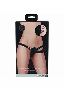 Ouch! - Dual Vibrating - Rechargeable - 10 Speed Silicone Strap-On - Adjustable - Black