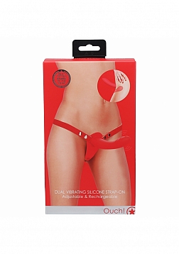 Ouch! - Dual Vibrating - Rechargeable - 10 Speed Silicone Strap-On - Adjustable - Red