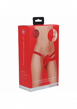 Ouch! - Dual Vibrating - Rechargeable - 10 Speed Silicone Strap-On - Adjustable - Red