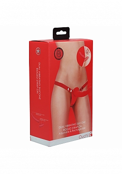 Ouch! - Dual Vibrating - Rechargeable - 10 Speed Silicone Ridged Strap-On - Adjustable - Red