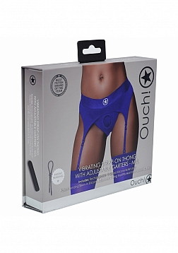 Ouch! Vibrating Strap-on Thong with Adjustable Garters - Royal Blue - M/L