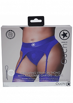 Ouch! Vibrating Strap-on Thong with Adjustable Garters - Royal Blue - XL/XXL