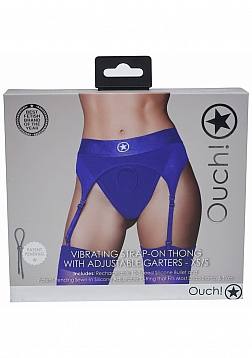 Ouch! Vibrating Strap-on Thong with Adjustable Garters - Royal Blue - XS/S