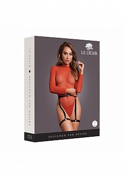 Shimmering Open-Back Bodysuit with Garters - OS - Red