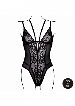 Strappy Open Cup Body Harness with Garters - One Size - Black