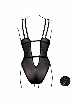 Strappy Open Cup Body Harness with Garters - One Size - Black
