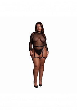 Shimmering Open-Back Bodysuit with Garters - OSX - BlackGold