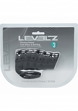LEVELZ - Vibrating Ribbed Silicone Cock Sleeve & Ball Ring - Black