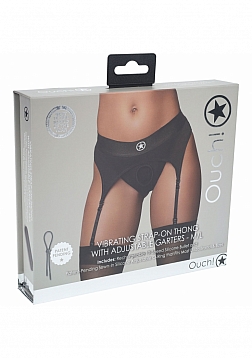 Ouch! Vibrating Strap-on Thong with Adjustable Garters - Black - M/L