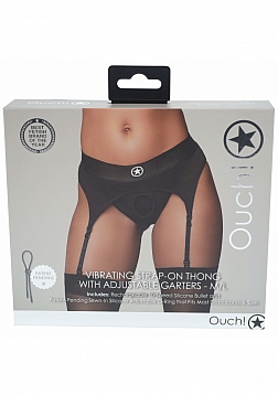 Ouch! Vibrating Strap-on Thong with Adjustable Garters - Black - M/L