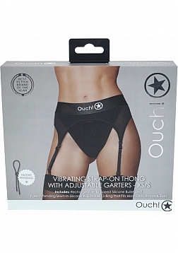 Ouch! Vibrating Strap-on Thong with Adjustable Garters - Black - XS/S