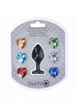 Ouch! - Medium Heart Diamond Butt Plug - 6 Jewels - Black