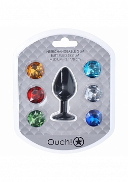 Ouch! - Medium Round Diamond Butt Plug - 6 Jewels - Black
