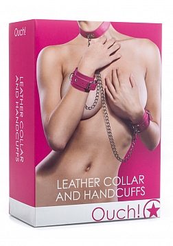 Leather Collar and Handcuffs - Pink